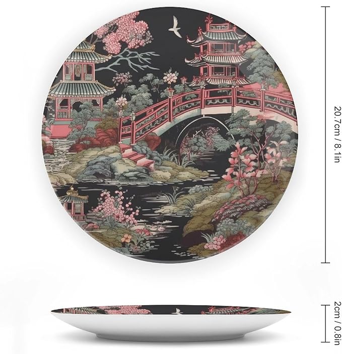 Chinoiserie Charcoal Coral Pagoda Asian Fashion Plates, Chinese Style Pagoda Ceramic Dinner Plates for Kitchen Display Decor, Including Bracket And Special Hook Art Decorations for Home Office