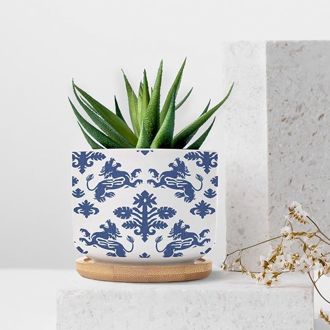 DreamAutumn Navy Blue Regalia Ceramic Pots for Plants with Drainage Holes Round Flower Pot Bamboo Tray Orchid Pot Succulents Pots for Outdoor Indoor Plants,Housewarming Gifts