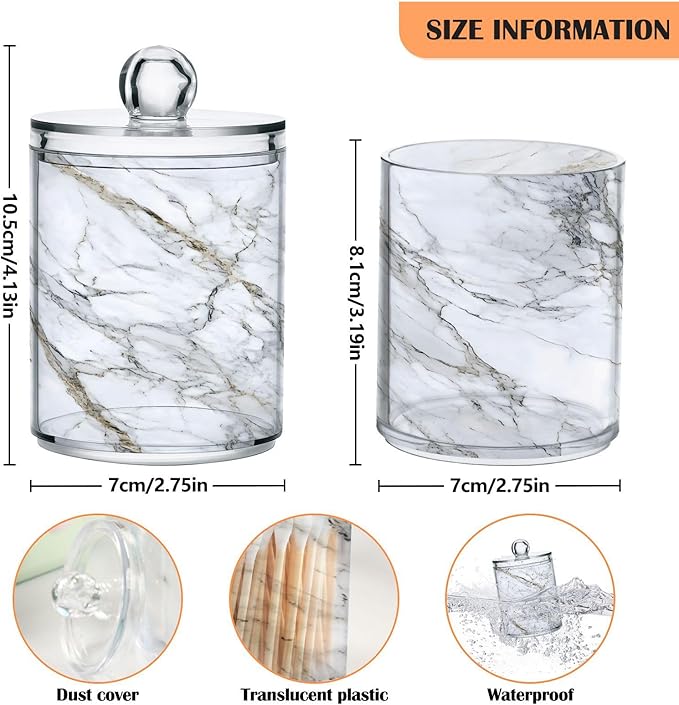 MNSRUU 4 Pack Qtip Holder Organizer Dispenser Stylish White Marble Texture Bathroom Containers Bathroom Vanity Storage Canister Apothecary Jars for Cotton Swabs/Pads/Floss