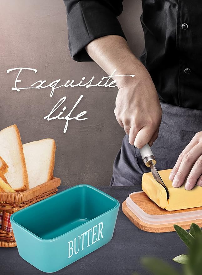 Butter Dish with Lid, Home Decor, Large Butter Dish for Countertop Ceramic Butter Keeper Container with Knife and High Quality Silicone Sealing Butter Box Good Kitchen Gift Turquoise