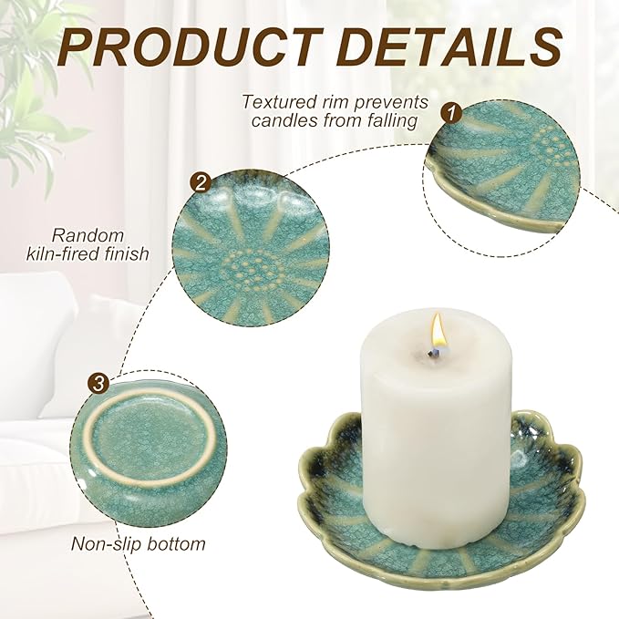 uxcell Candle Holder Plates, 4 Inch Ceramic Candle Tray Tealight Incense Holder Dish Candlestick for Tea Light Aromatherapy Wedding Rustic Vintage Home Decor, Sunflower Green