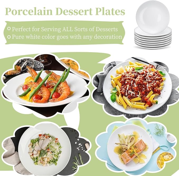 Ceramic Dessert Plates Set of 8, 6 Inch White Appetizer Plates, Round Small Plate for Cake Snacks, Porcelain Serving Plate for Appetizers, Microwave Oven and Dishwasher Safe (8 Pcs)