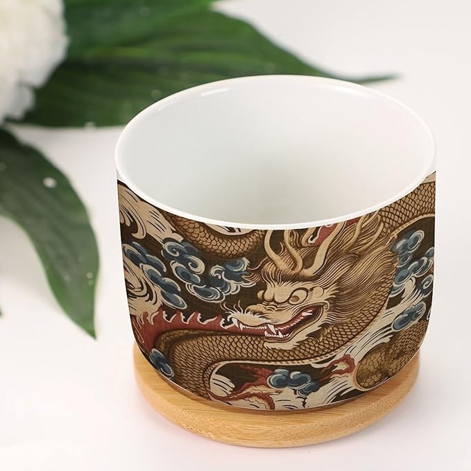 1 Piece Antique Chinoiserie Dragon Small Ceramics Planter Chinoiserie Flower Pot Planter with Drainage Bamboo Trays Dragon Gold Oriental Style Asian Ceramics Pots for Plants