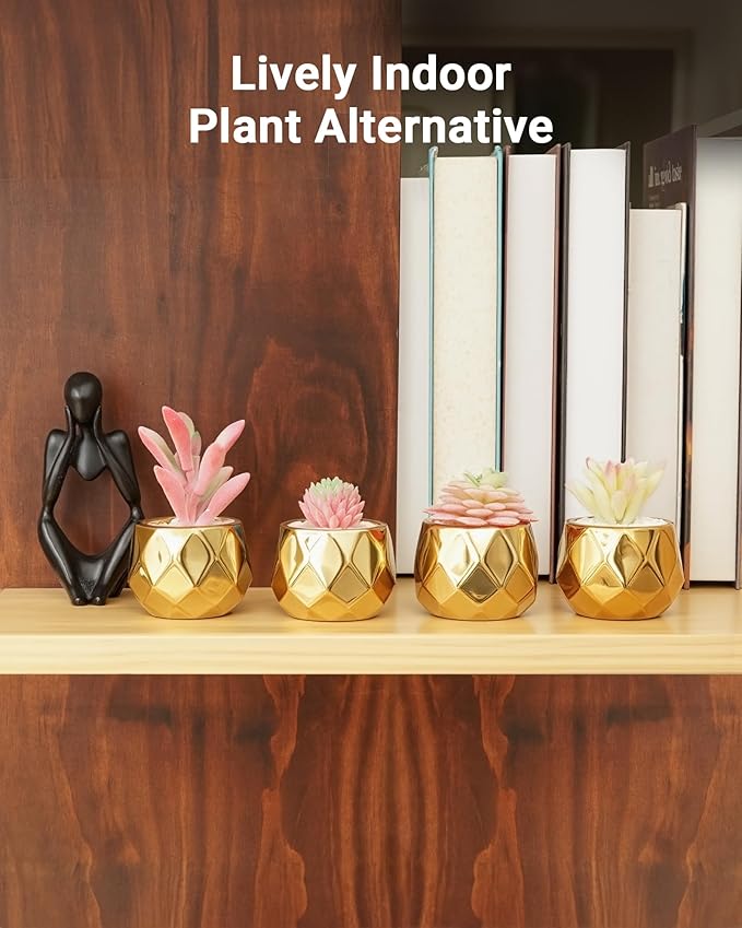 VIVERIE Mini Succulents Plants Artificial in Pots-Pink with Golden Ceramic, Christmas Small Fake Succulents Plants for Home Decor Indoor Christmas Decor for Women, Set of 4, Gifts for Mom