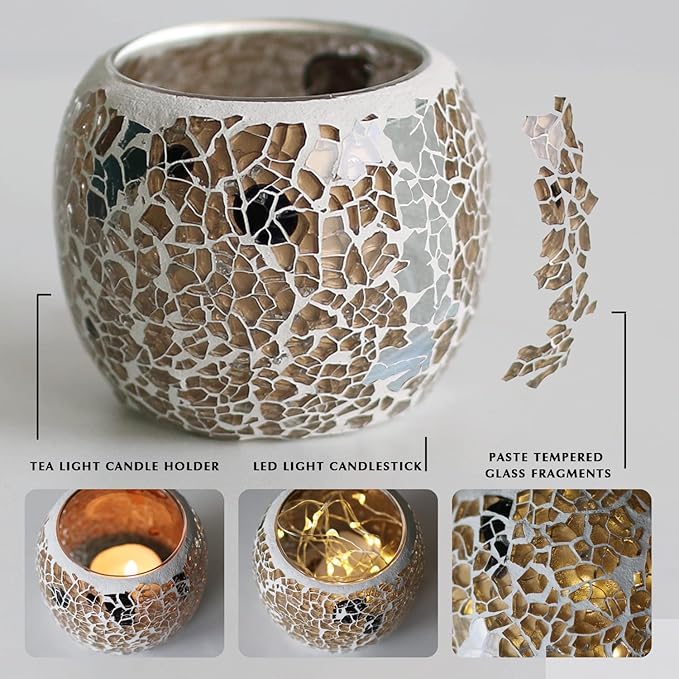 Romantic Mosaic Cracked Candle Holders(NO Candles) Wedding Dinner by Candlelight,Handmade Tea Light Holders Candles Cape Bowl for Valentine's,Christmas Table Centerpiece,Party Decor 1 PC (Nude Gold)