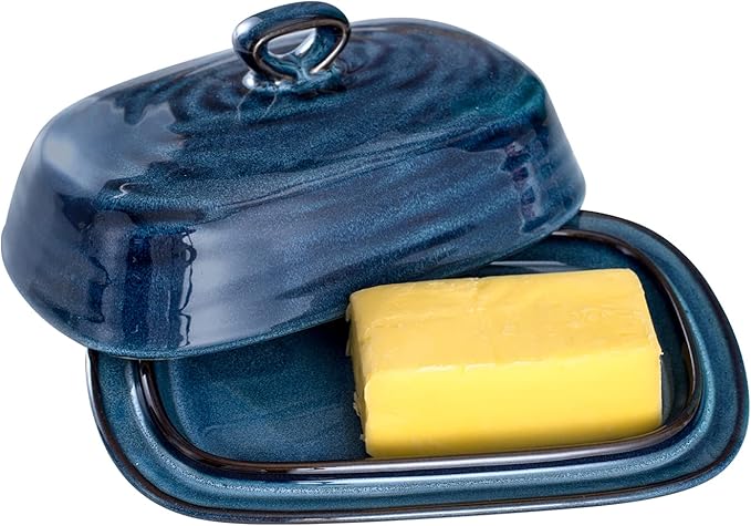 Hasense Butter Dish with Lid, Ceramic Butter Dish with Knife for Countertop with Covered, Large Butter Keeper Handle Design, Blue