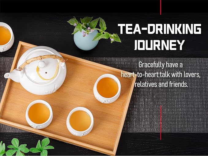 Japanese Tea Set, White Porcelain tea set with 1 Teapot(23 oz/660ml), 6 Tea cups(5.3 oz/150ml), 1 Tea Tray, Golden plum blossom relief, Asian tea sets for adults (Golden plum-White)