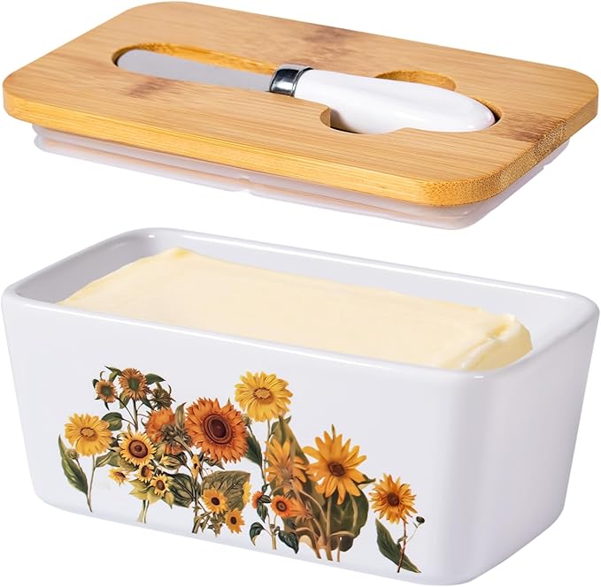 Sunflower Butter Dish with Lid,Large Butter Crock Keeper Saver,Ceramic Butter Container for Countertop with Highly Sealed Silicone Thick Wooden Lid for Kitchen Farmhouse Decor (White, Sunflower)