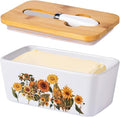 Sunflower Butter Dish with Lid,Large Butter Crock Keeper Saver,Ceramic Butter Container for Countertop with Highly Sealed Silicone Thick Wooden Lid for Kitchen Farmhouse Decor (White, Sunflower)