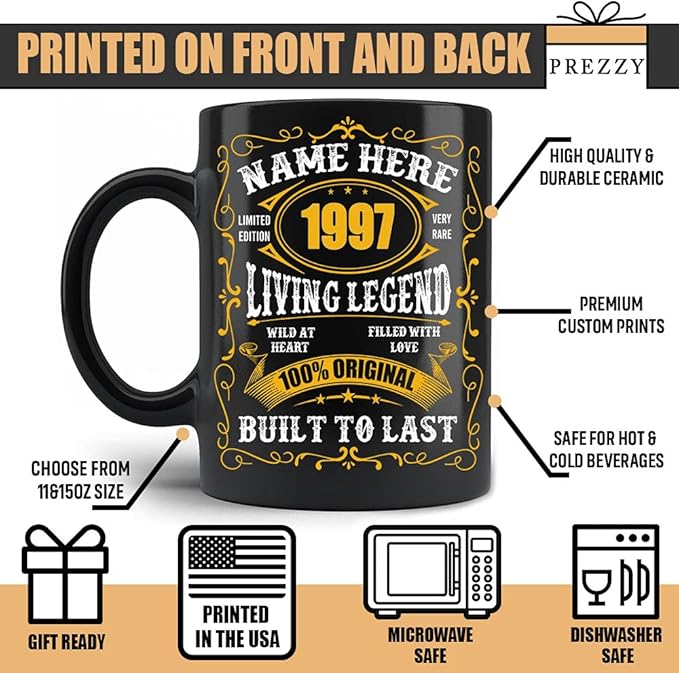 PREZZY Personalized 26th Birthday Coffee Mug Vintage 1997 Limited Edition Mug Black 11oz 15oz