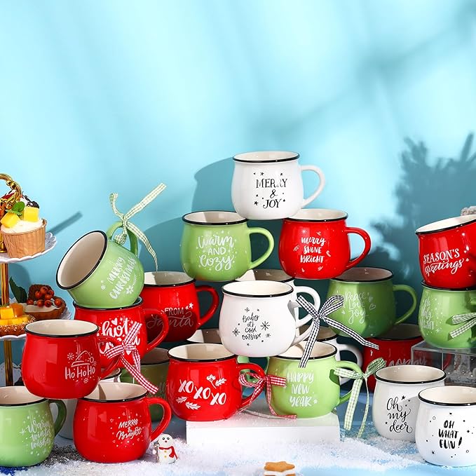 Sliner 24 Pcs Christmas Coffee Mugs, 12 oz Ceramic Mug Gift Holiday Hot Cocoa Tea Cups for Family Friend Staff Winter Holiday Gift School Office Table Centerpieces(Red,Green,White)