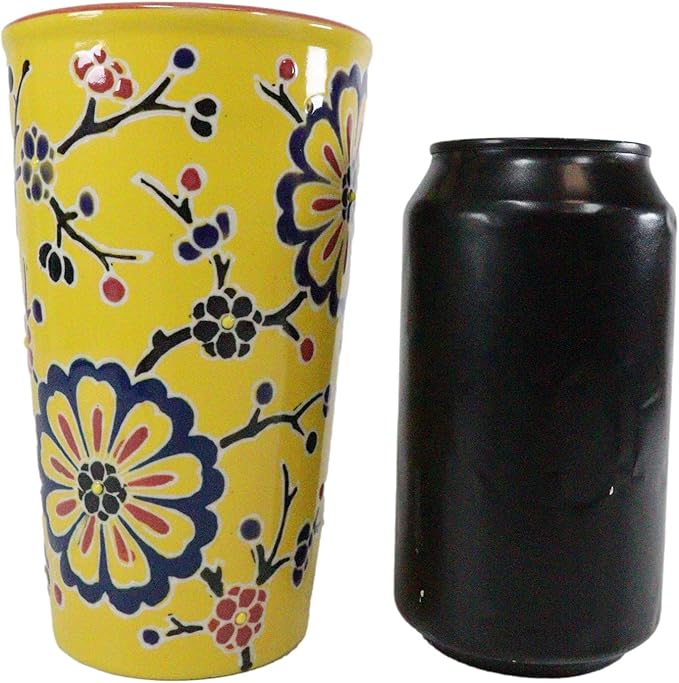 Ebros Oriental Japanese Design Double Walled Porcelain Ceramic Tall Hot Or Cold Drink Travel Mug Cup 12oz With Straw Or Sip Holed Cover Lid (Yellow Floral Cherry Blossoms)