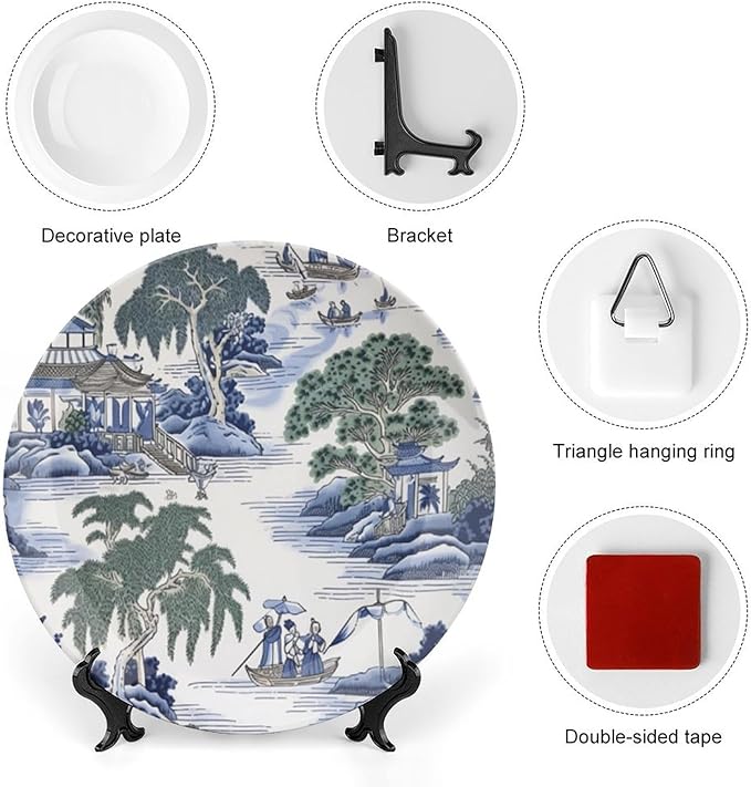 Asian Scenic in Blue And Kelly Green Chinoiserie Vintage Plates for Display Housewarming Gifts Kitchen Supplies Office Farmhouse Holiday Party Decorations Personalized Gifts for Men Women Holiday