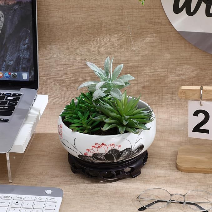 Hemoton Lotus Bowl Planter with Base, Ceramic Water Plant Pot, Indoor Bonsai Bowl Lotus Flower, Hydroponic Planter for Water Lily, Aquatic Plants, Lilies, and Succulents, Glazed Vase for Lotus Seeds