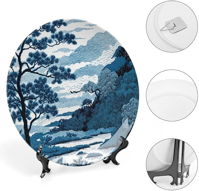 Blue And White Indigo Chinoiserie Vintage Plates, Asian Scenic Ceramic Hanging Decorative Plate for Household Wall Farmhouse Decor, Including Bracket And Special Hook Art Decorations for Club Display