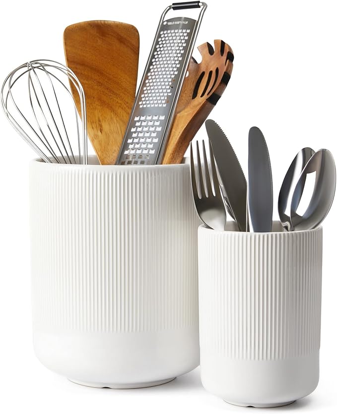 Utensil Holder, 7.3"+5.3" Large Ceramic Kitchen Utensil Holder for Countertop, Cooking Utensil Holder for Kitchen Counter Decor, Modern Kitchen Utensils Holder, Bright White