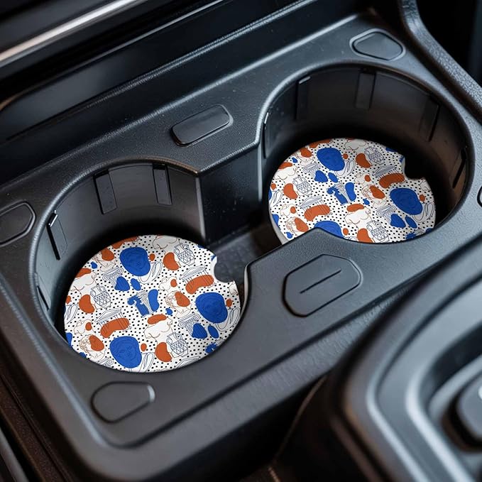 Pop Art Style Car Coasters Pack of 4 Blue Red Classical Sculptural Heads Polka Dot Absorbent Ceramic Car Cup Holder Coaster Insert Drink Holder SUV Interior Accessory with Finger Notch