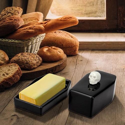 1 Pcs Ceramic Butter Dish with Lid Set, Black Gothic Skull Shape Butter Container Holds for Countertop, Ceramic Gothic Kitchen Utensils Butter Keeper for Table Decor Festivities Party Supplies