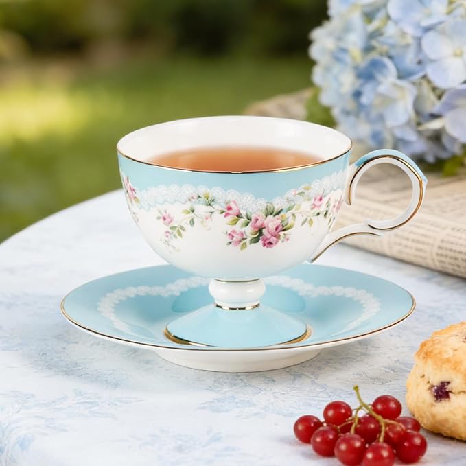 KAMMAK Ceramic Coffee Cups Saucers Set of 2, Porcelain Espresso Cups with Saucers, 6.52 oz Handmade Elegant Bone China Tea Cup, Ceramic Floral Pattern Demitasse for Latte, Americano, Cappuccino