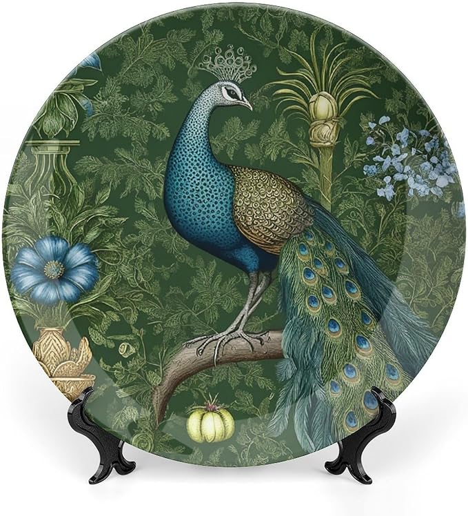 Aqua And Green Chinoiserie Fashion Plates of 6", 7", 9", 10", Personalized Peacock Handmade Decorative Plate, Table Art Decoration Decorations Wedding, with Display Stand And Hook Up