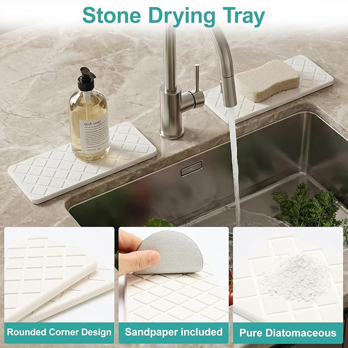 Small Fast Quick Dry Bathroom Counter Tray Water Absorbing Stone Trays for Sink Soap Dish Dispenser Sponge Holder Diatomite Stone Drying Mat for Kitchen Sink Tray White Bathroom Vanity Organizer Decor