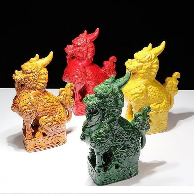Ceramic Sculptures Auspicious Kirin Sculpture Living Room Study Desk Decoration Feng Shui Ornaments Asian Art Collection - Khaki