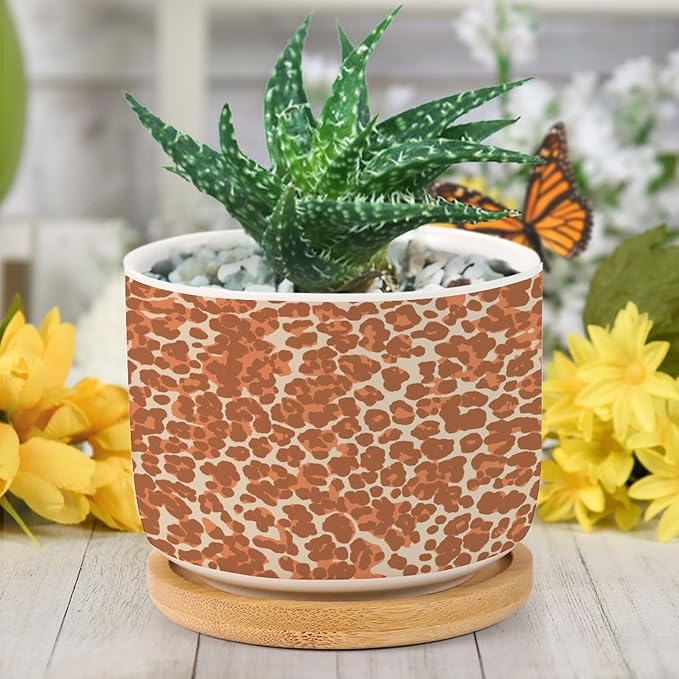 Cheetah Leopard Print Animal Orange And Light Brown Ceramic Pots for Plants with Drainage Holes Round Flower Pot Bamboo Tray Orchid Pot Succulents Pots for Outdoor Indoor Plants,New Home Gifts