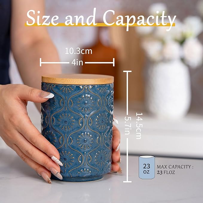 TEATALK Ceramic Canister with Airtight Lid, Perfect for Coffee, Sugar, Tea Storage, 23 Fl Oz, Dark Blue