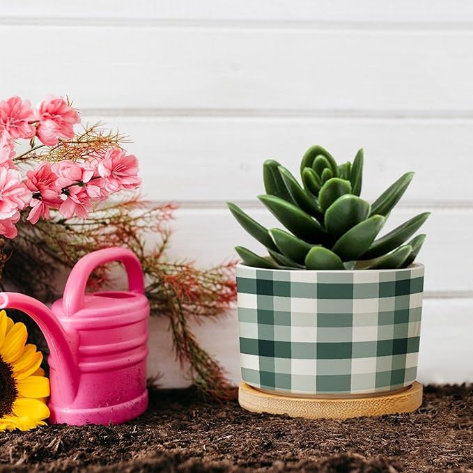 Sage Green Buffalo Plaid Planter Ceramic Green Buffalo Check Round Flower Pot with Drainage Holes and Bamboo Tray Pot for Outdoor Garden Home Plant