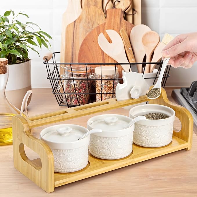 10 Pack Sauce Serving Dish, 5 Oz Ceramic Chip Dip Sauce Bowls with Spoons Lids for Party, 3 Condiment Seasoning Jars with Bamboo Tray for Snacks, Appetizers, Sauces