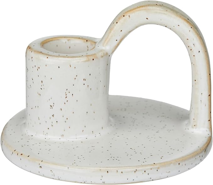 Ceramic Taper Candle Holders with Handle (Set of 2) – Tall Candlestick Holders for Table Decor Centerpieces, Rustic Home Décor, and Dinner Table Styling Glazed White