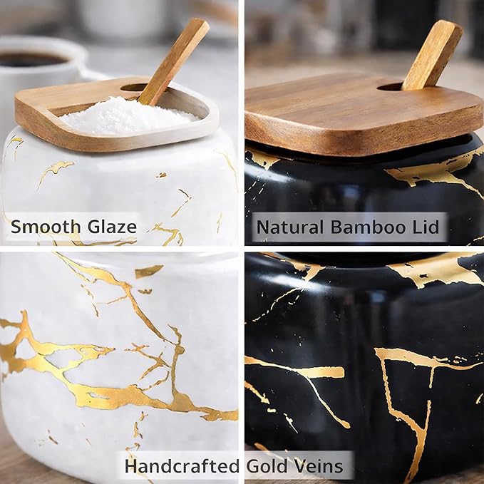 Ceramic Spice Jars Porcelain Condiment Jars Set Marble Ceramic Seasoning Box 3pcs Condiment Pots for salt, sugar, pepper Kitchen Seasoning Condiment Jar Set （Color mixing）