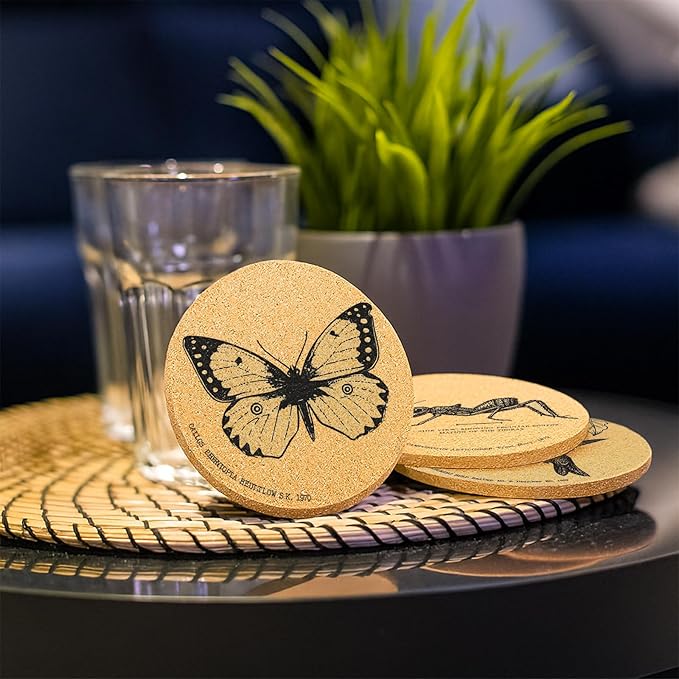 Coasters Insects for Drinks with Holder Set of 6, Butterfly Cork Coaster Absorbent for Cup Entomology Office Desk Table Coasters Kitchen Decor House Warming Gifts for New Home Couples, Round 4"