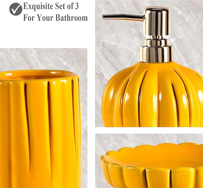 Ceramic Bathroom Accessories Set of 3, Thanksgiving Pumpkin Bathroom Decor, Fall Bathroom Sets Complete -Toothbrush Holders, Soap Dispenser, Soap Dish, Bathroom Organizer for Countertop