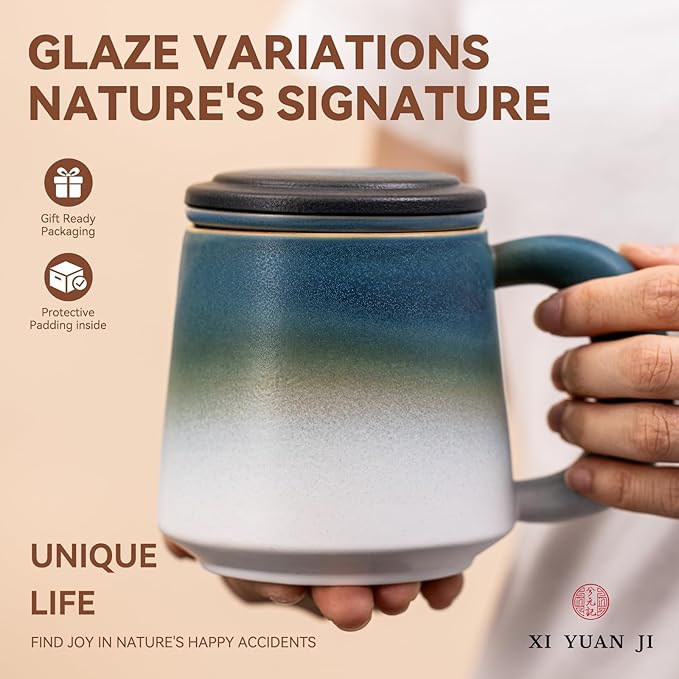 Ceramic Tea Mug with Infuser & Lid, 16oz Kiln-Transformed Unique Cup – Nature's Artisan Design, Loose Leaf Tea Cup with Infuser, Insulated Ceramic Coffee Mugs with Lid, Gift for Women/Men