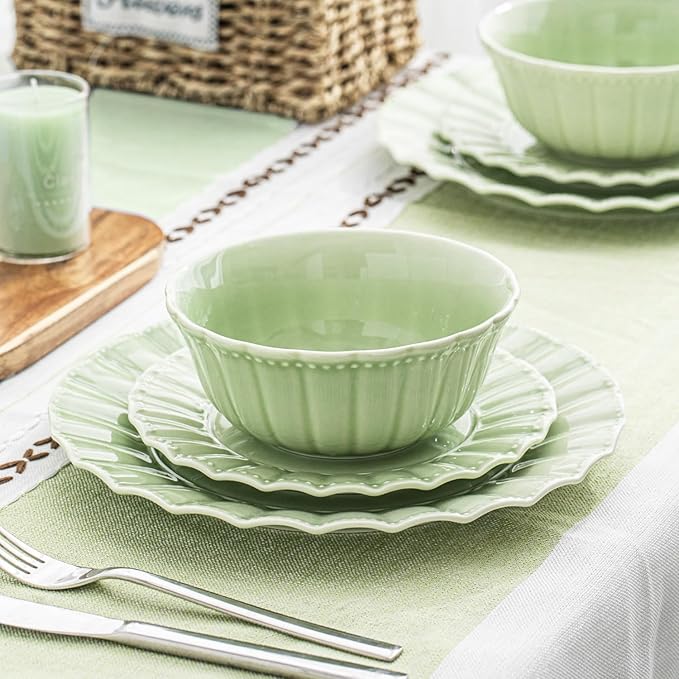 HOMBENE Dessert Plates 8 Inches Set for 6 Ceramic Serving Plates, Plates for Cake Waffles,Wavy Style, Snacks, Pasta, Noodle,Dinner, Microwave & Dishwasher Safe (Mint Glow Green)
