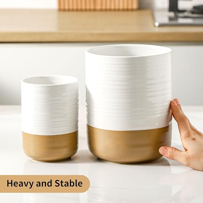 HASENSE Utensil Holder, 7.4" x 6.2" Ceramic Utensil Holder for Kitchen Counter, Large Utensil Oganizer for Utensil Set, Farmhouse White Cooking Utensil Crock for Kitchen Decor