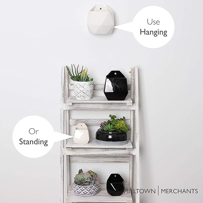 Milltown Merchants Succulent Wall Planters - Wall Vases - White Ceramic Wall Mounted Planters - Succulent Plant Pots - Hanging Vases for Living Wall (2 Pack/Geometric/White)