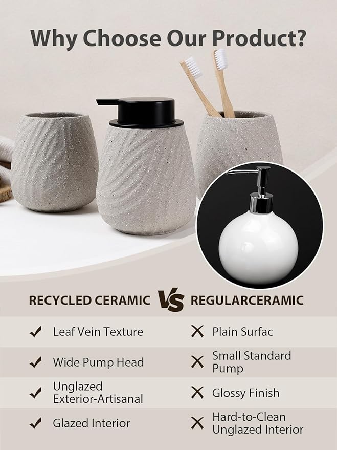 3 Pcs Bathroom Accessories Set – Ceramic Lotion Soap Dispenser, Toothbrush Holder with Rustic Leaf Vein, Modern Vanity Accessory Countertop Organizer for Bathroom Kitchen Decor