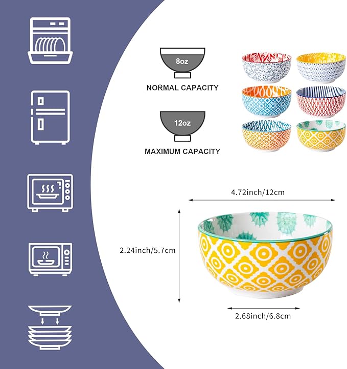 Ceramic Dessert Bowls Set - Small 11 Oz Porcelain Ice Cream Bowls for kitchen - 4.7 Inch Cereal Bowls for Salad, Fruits - Microwave Dishwasher Safe - Set of 6 - Assorted Colors