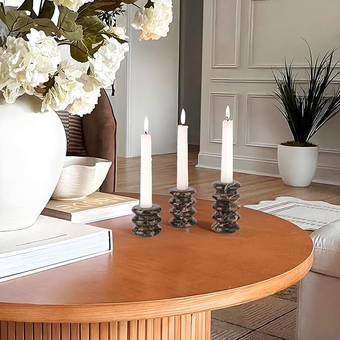 Vixdonos Marble Candle Holder Set of 3 Taper Candle Candlestick Mantle Candle Stand for Home Decor,Wedding,Party and Table Centerpieces(Brown)