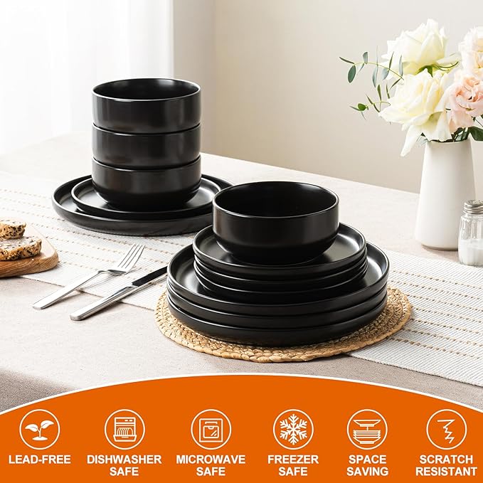EWFEN Plates and Bowls Sets, 24 Pieces Ceramic Dinnerware Set for 8, Stoneware Dishware Dishes Set, Scratch Resistant Dishes Set, Dishwasher & Microwave Safe, Black