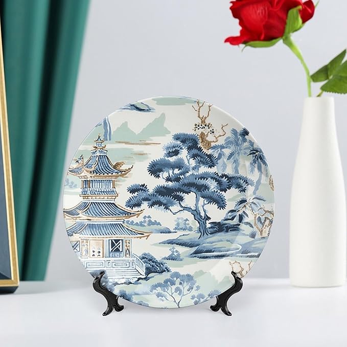 Blue And White Chinoiserie Pagoda Ming Toile Asian Decorative Plate, Custom Hand-Painted Ceramic Decorative Plates for Wedding Club Decor, Unique Art with Stand Art Decor for Wall Household