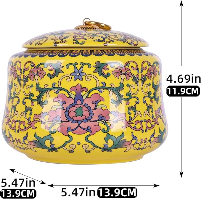 Handmade Chinoiserie Enamel Ginger Jar with Lid,Decorative Storage Jar for Loose Tea,Nuts & Snacks,Ceramic Vase Style Home Decor Canister,Colorful Jar for Kitchen,Living Room (Yellow Jar)