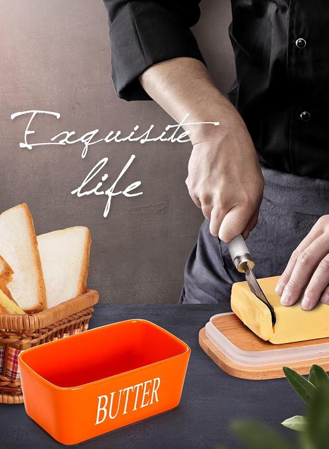 Butter Dish with Lid: Large Butter Dish for Countertop - Ceramic Butter Keeper Container with Knife and High Quality - Silicone Sealing Butter Box for Home Decor Good Kitchen Gift Orange