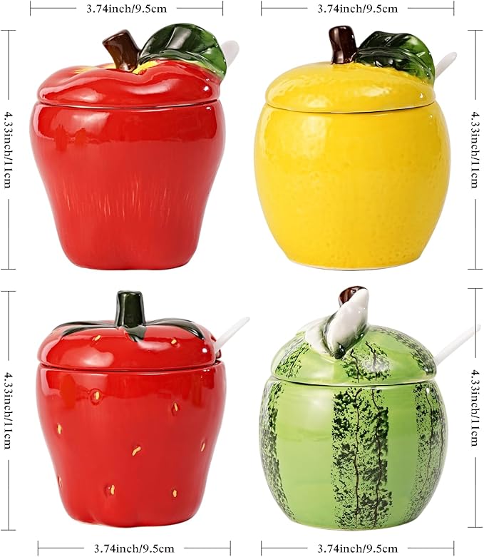 Hand-painted Ceramic Fruit Shape Sugar Bowl Spice Jar Seasoning Pot with Lid Spoon (Apple)