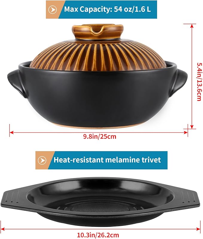Large Korean Ceramic Bowl with Lid and Trivet, 54 oz Sizzling Hot Pot with Double Handles for Cooking and Serving Dolsot Bibimbap, Soup, Rice, Stew, Casserole, Noodle (Retro Copper)