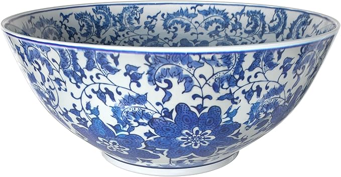 Red Lantern 14" Floral Blue & White Porcelain Bowl Vase for Centerpiece in Kitchen Dining Living Room Bedroom with Boho Eclectic Modern Contemporary Classic Traditional Style Decor