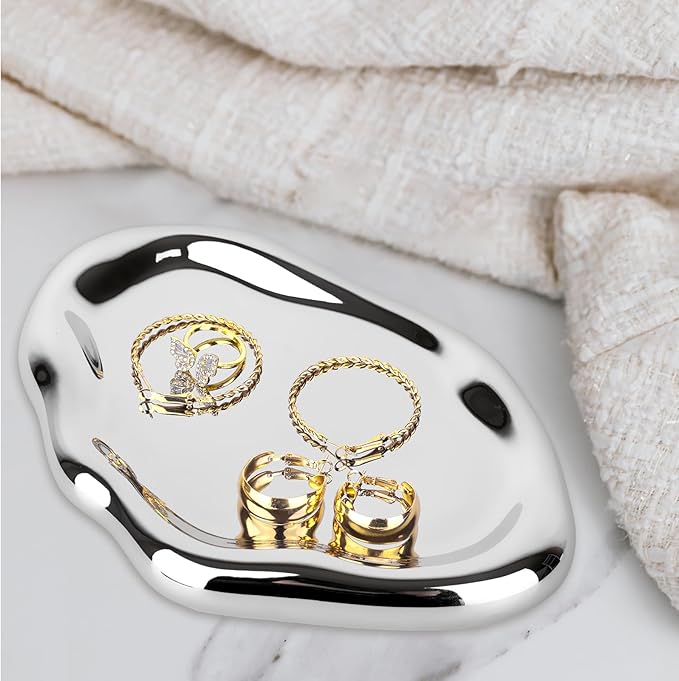 Silver Tray Decorative Vanity Tray Bathroom Tray Jewelry Dish Ceramic Silver Round Plate Holder Makeup Tray Home Organizers Irregular Storage Plate Bathroom Organizer(Long)