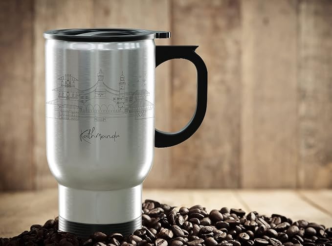 Kathmandu Skyline Steel Mug, Asia Skyline 14oz Travel Mug with Handle & Lid Custom Travel Tumblers, Gift For Birthday, Spill Resistant Tumblers for Women, Personalized Tumbler